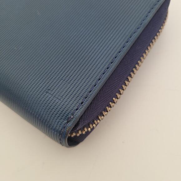 Lanvin Solid Blue Leather Zip Around Large Wallet Long Clutch Logo Designer - Picture 9 of 10